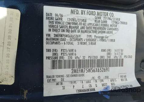 2006 Mercury Grand Marquis Ls from USA, damaged, VIN 2MEFM75W56X652691